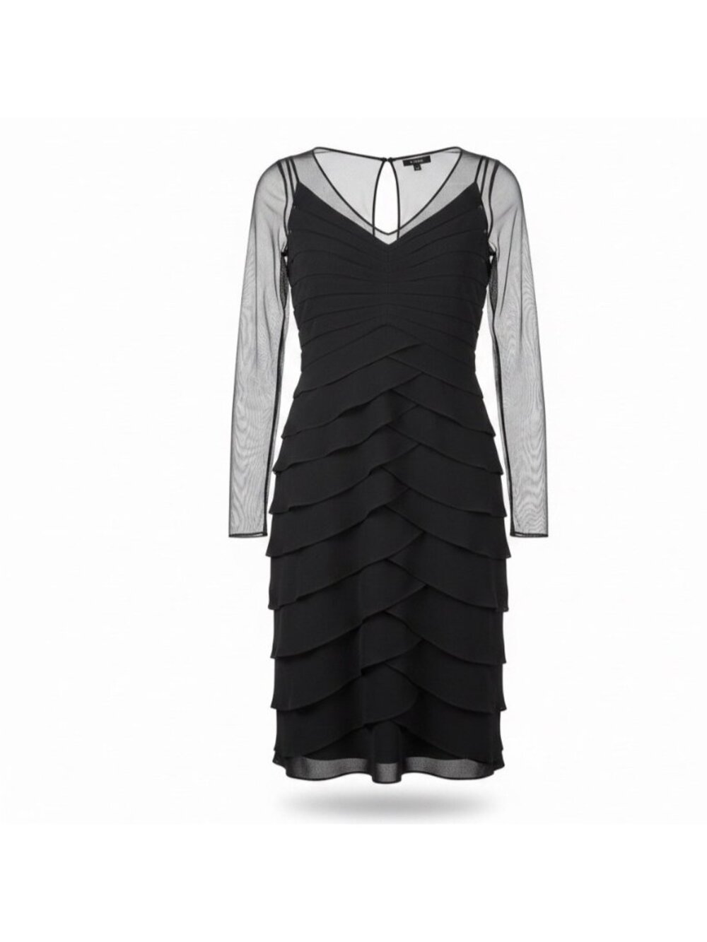 Adrianna Papell Womens Black Long Sleeve Tiered Ruffle Sheath Dress Size 4